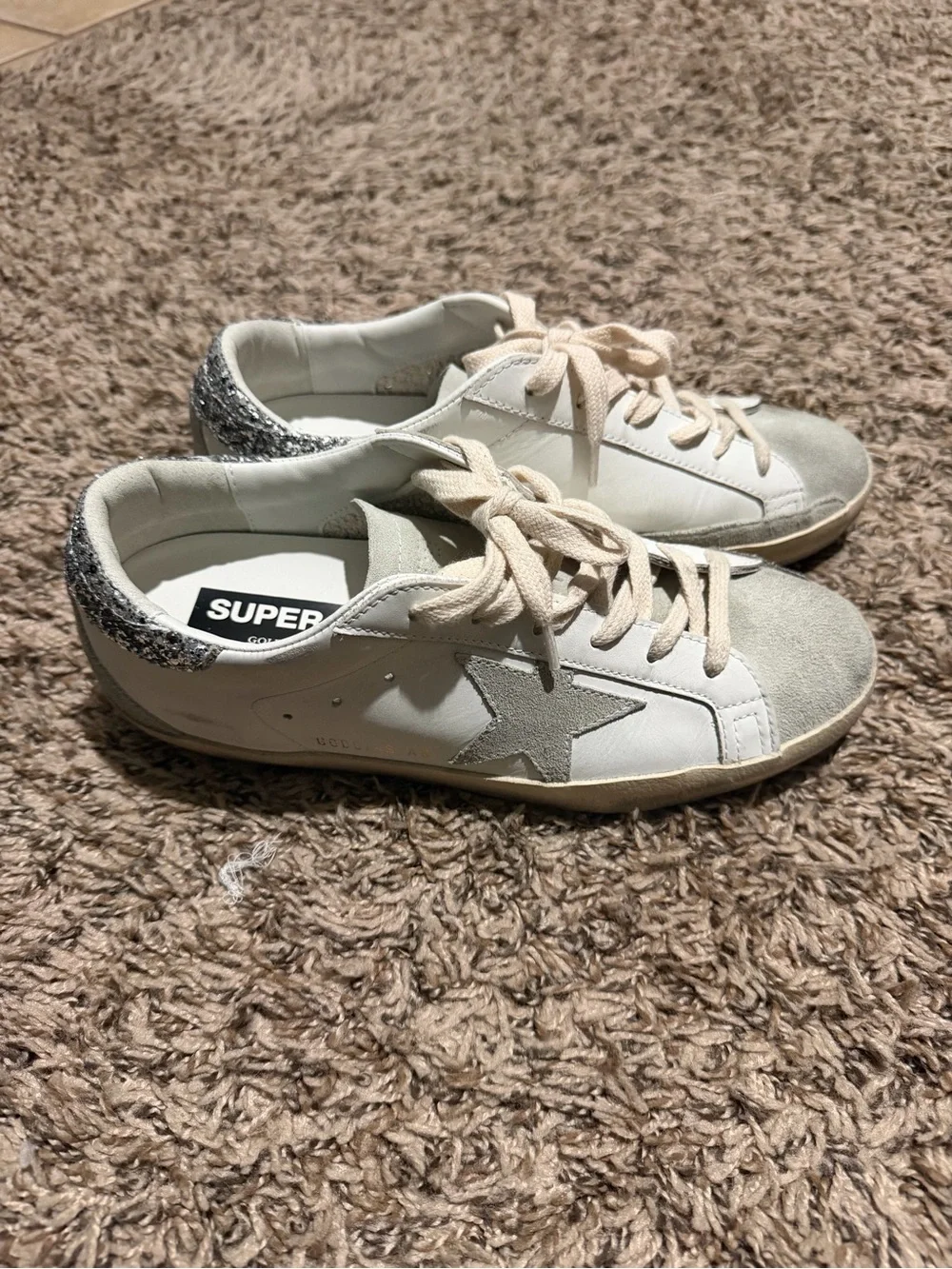 Golden Goose White Leather Sneakers with Gray Star and Silver Glitter Heel - Picture 1 of 5